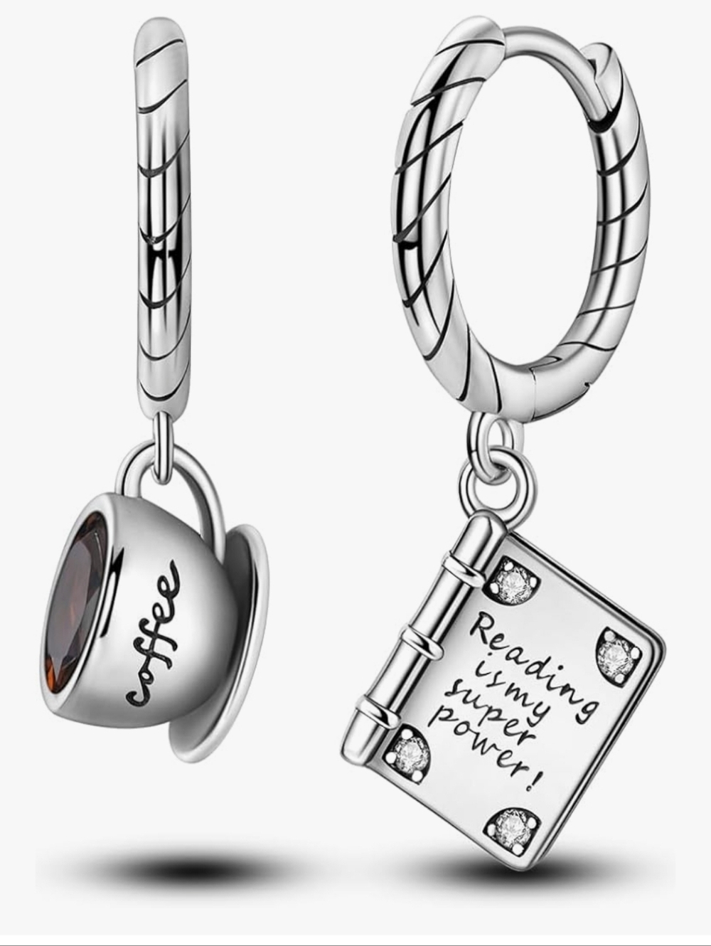 Sterling Silver Book & Coffee Charm Hoop Earrings - Picture 2 of 4